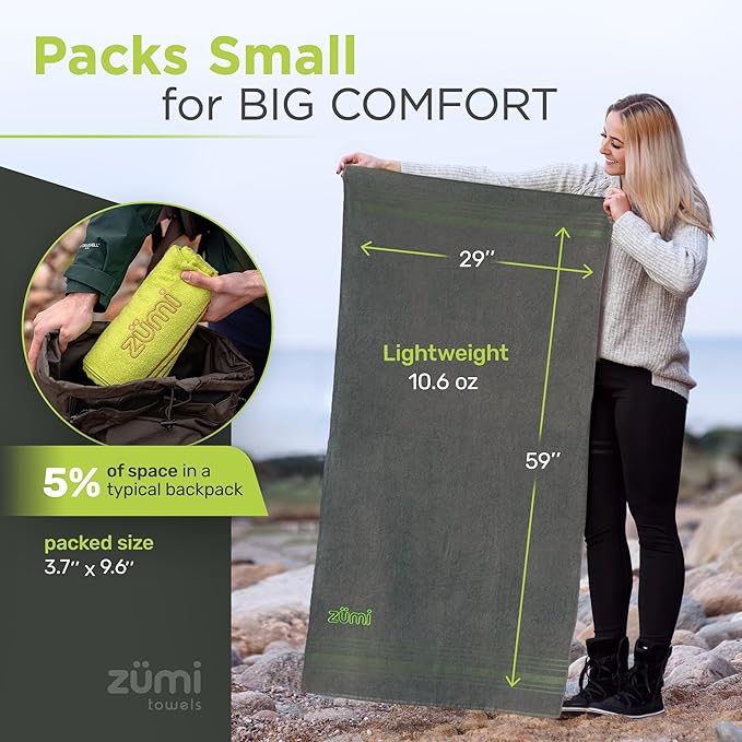 Zumi 100% Cotton Quick Dry Travel Towel - Soft, Thin, Compact, Highly Absorbent, Lightweight Camping Towel for Beach, Gym, Bath, Shower, Swimming, Dorm, RV - Green