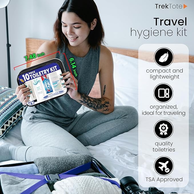 Trektote Travel Toiletry Kit For Men And Women – 10 Piece Set of Travel Size Toiletries, TSA Compliant, Includes Body Wash, Deodorant, Shaving Cream And Razor, Oral Care, Reusable Toiletry Bag & More