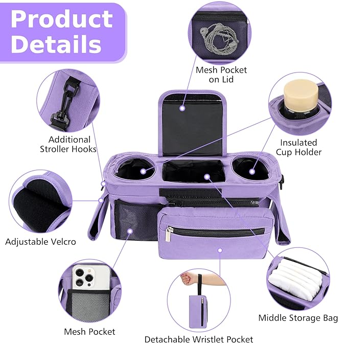 Accmor Universal Stroller Organizer with Insulated Cup Holder Detachable Phone Bag and Shoulder Strap,Stroller Bag Caddy Organizer Fits for Uppababy, Baby Jogger, Britax Strollers