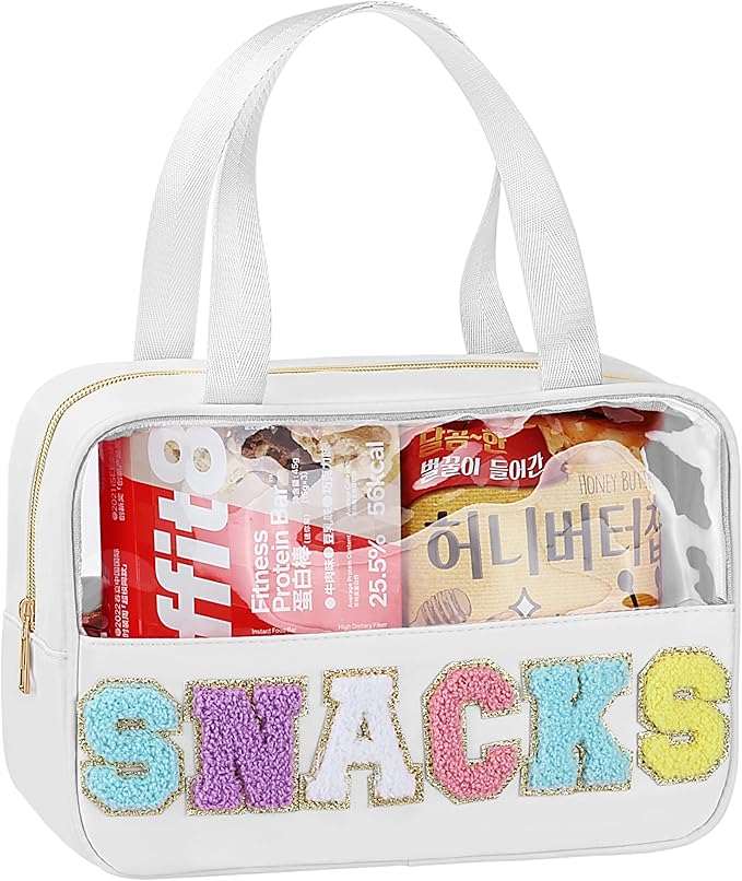 Snack Bag for Travel - Chenille Letter Clear Makeup Bag, Large Preppy Patch Snack Cosmetic Bag with Handle and Zipper, Cute Makeup Pouch Nylon&PVC Waterproof Toiletry Organizer Storage for Women Girls