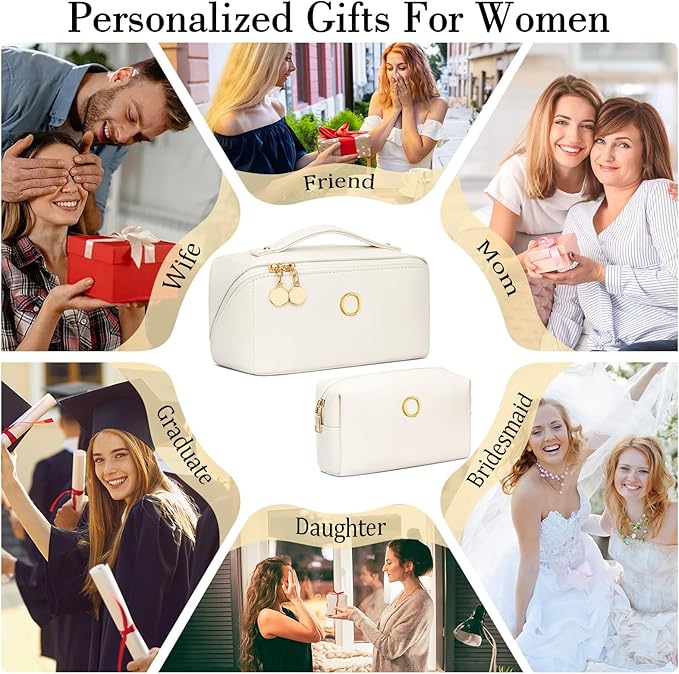 Birthday Gifts for Women Teen Girl, Personalized Initial Makeup Organizer Bag Set, Open Flat Travel Cosmetic Bag With Clear Divider and Handle(Beige,O)