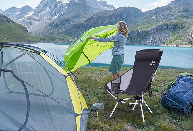 Nice C Ultralight High Back Folding Camping Chair, Backpacking Chair, Compact & Heavy Duty Outdoor, Travel, Picnic, Festival with 2 Side Pockets, Pillow &Carry Bag (One Black)