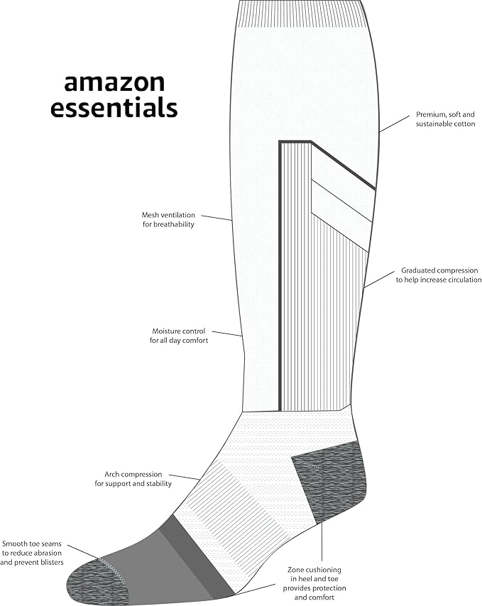 Amazon Essentials Men's Knee High Graduated Compression Socks, Over The Calf, Support for Legs and Travel, 3 Pairs