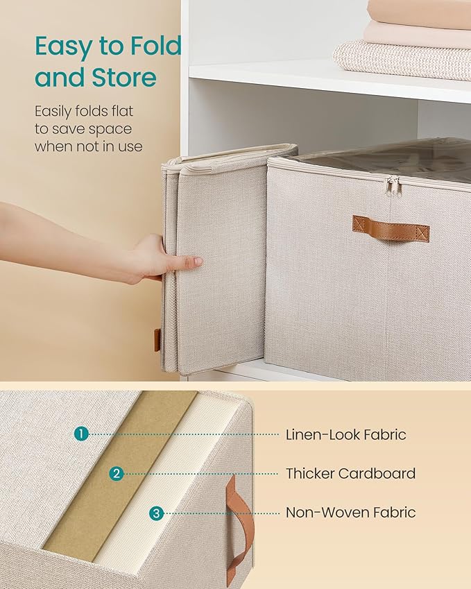 SONGMICS Shoe Organizer for Closet, Shoe Storage Bin, Fits 16 Pairs, Fabric Container with Handles and Clear Cover, Adjustable Dividers, Customizable, Cappuccino Beige ULSP555K01
