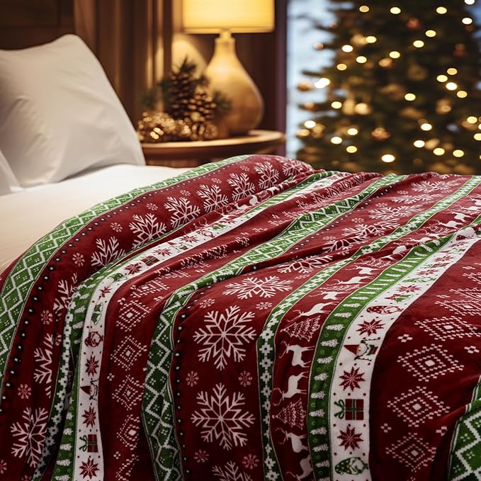 PHF Printed Fleece Blanket Queen Size, No Shed No Pilling Ultra Soft Plush Cozy Xmas Prints Theme Home Décor Flannel Blanket for Bed, Sofa, Couch and Gift, 90" x 90", Retro Christmas