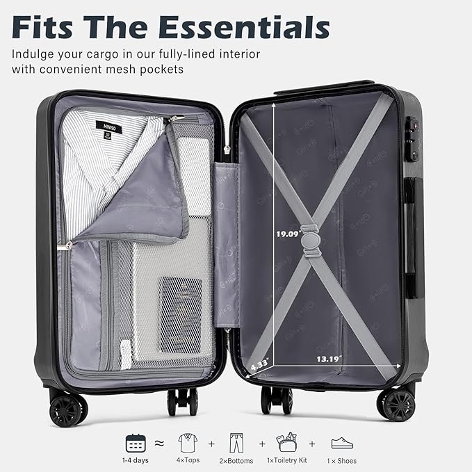Coolife Luggage Suitcase PC+ABS with TSA Lock Spinner Carry on Hardshell Lightweight 20in 24in 28in(white, S(20in_carry on))