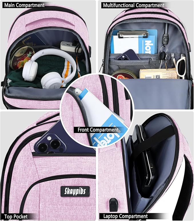 Pink Backpack for Women, School Backpacks for Girls Teen, Bookbag with USB Charging Port, College High School Backpack Fits 15.6 Inch Laptop, Casual Work Business Back Pack
