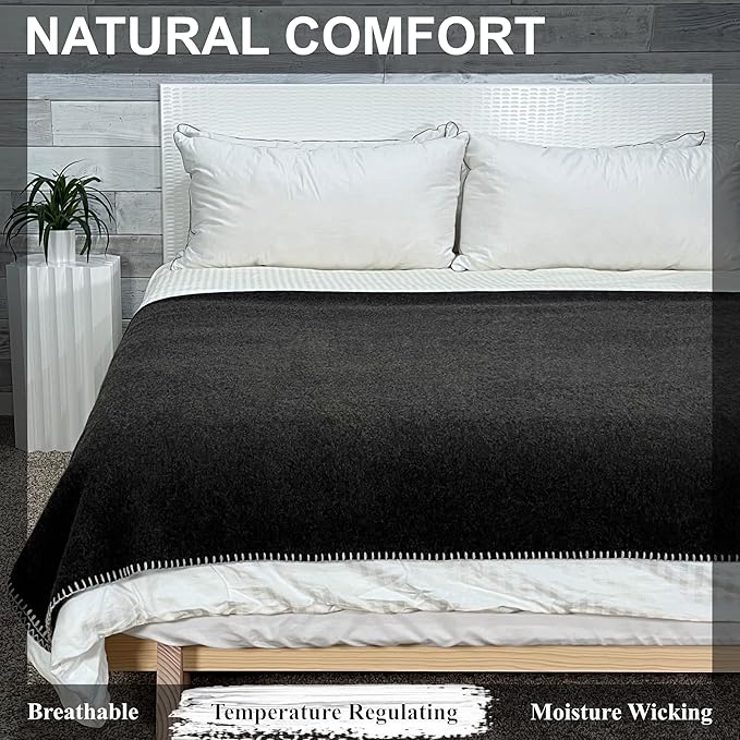 EKTOS 100% Virgin Wool Blankets, 90" x 78", Emergency Blanket for Car, Winter Camping (Charcoal, Full Size)