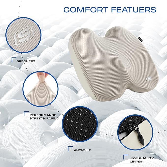 Skechers Memory Foam Seat Cushion,Ribbed Fabric Office Chair Cushion for Tailbone Pain Relief,Butt Pillow for Office Chair,Car Seat Cushion,Long Sitting Office Workers,and Car Drivers,Beige