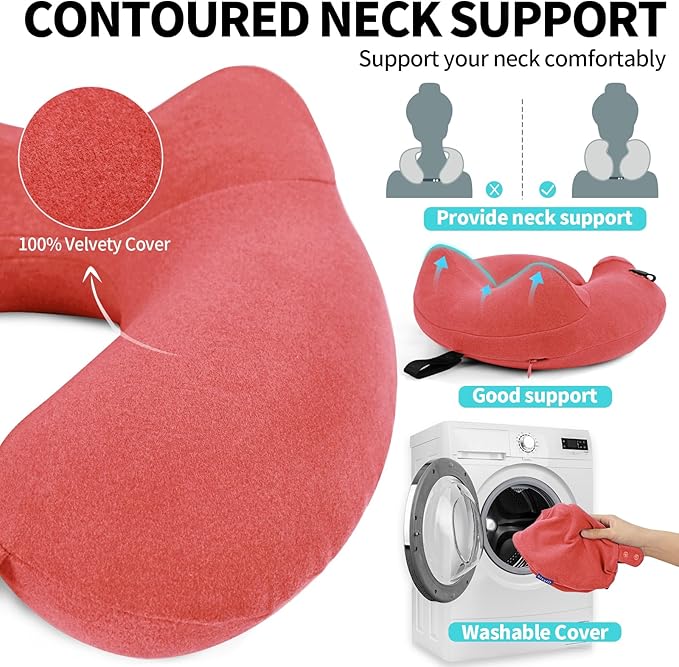 2 Pack Inflatable Travel Neck Pillows for Airplanes, Head Support Velvet Adult Neck Pillows for Long Flight, Kit with Eye Mask, Earplugs and Storage Bag, 2, Rose Pink