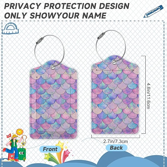 Set of 2 Luggage Tag for Suitcases LeatherMermaid Fish Scale Wave Tags with Stainless Steel Loop Privacy Name ID Card Cover Travel Bag Labels Set for Women Men Kids Girls