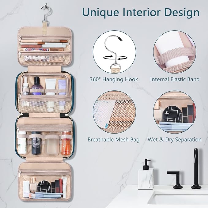 Wedama Toiletry Bag for Women, Hanging Travel Toiletry Bag with Jewelry Organizer Compartment Large Makeup Bag, PVC Waterproof Cosmetic Travel Bag for Travel Business Trips Camping Bathroom, Blue
