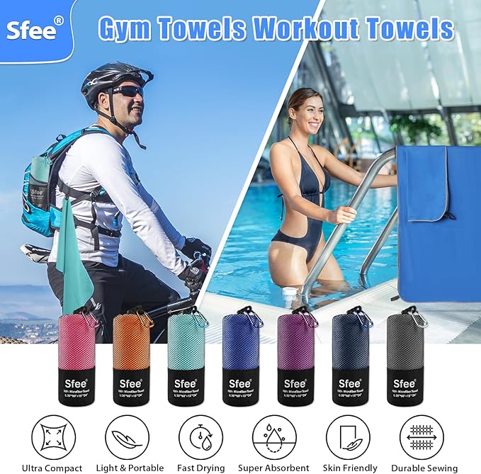 Sfee 2 Pack Microfiber Travel Towel, Quick Dry Beach CampingTowel Super Absorbent Compact Lightweight Sport Gym Towels for Beach, Gym, Hiking, Pool, Backpacking, Bath, Yoga