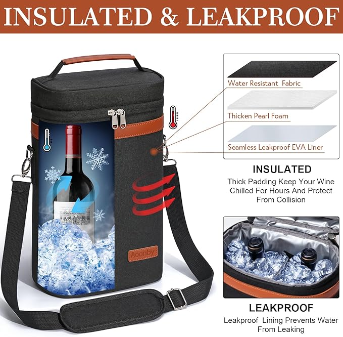 2 Bottle Wine Bag Wine Cooler Carrier Wine Gift Tote Bag, Leakproof & Insulated Bottle Bags for Travel, BYOB, Beach, Dinner, Party, Christmas Gifts for Wines Lovers Women Men - Gray
