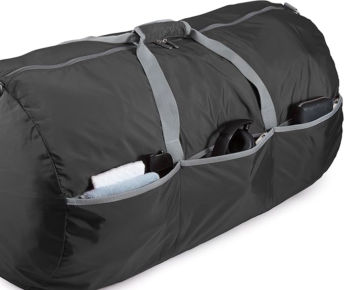 Amazon Basics 32.4" Extra Large Foldable Duffle Bag for Travel & Storage, with Exterior/Interior Zippered Pockets, Lightweight/Durable Nylon Material, 50-LBS Capacity, 9254 Cubic Inch (150L), Black