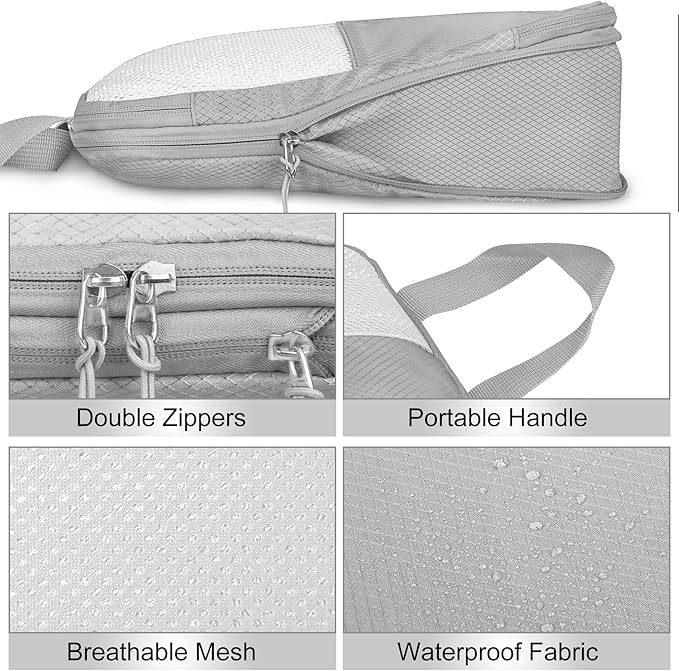 8 Set Compression Packing Cubes Travel, Lightweight Expandable Travel Cubes Suitcase Organizer for Carry On Luggage Suitcase, Grey