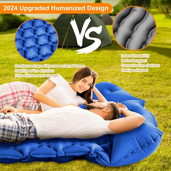 Double Sleeping Pad, Ultralight 4" Extra-Thick Self Inflating Sleeping Mat for 2 Person with Pillow Built-in Foot Pump Portable Camping Mat for Backpacking, Hiking, Traveling, Tent, Camping(Blue)