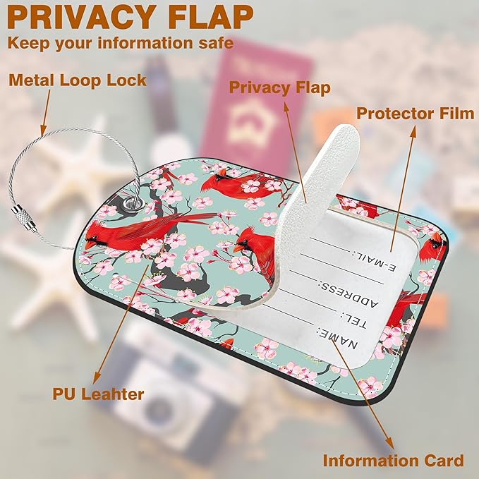 2 PCS Leather Luggage Tags for Suitcase Cardinal and Blooming Cherry Travel Luggage Tag with Privacy Flap Name ID Label and Metal Loop for Travel Bag Suitcase