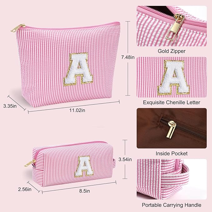 YOOLIFE Cute Pink Initial Make Up Bag Travelling, Personalized Makeup Bag with Zipper Cosmetic Makeup Pouch Travel Accessories Birthday Gift Friends Female Mom Teacher Sweet 16 Gifts Daughter Gifts W