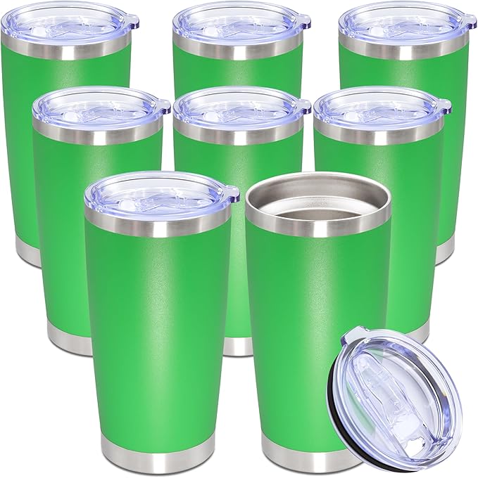 20oz Tumbler Bulk Stainless Steel Tumbler Cup with Lid Vacuum Insulated Double Wall Travel Mug, Durable Powder Coated Travel Coffee Tumbler Mug for Hot & Cold Drinks, Green,8 Pack