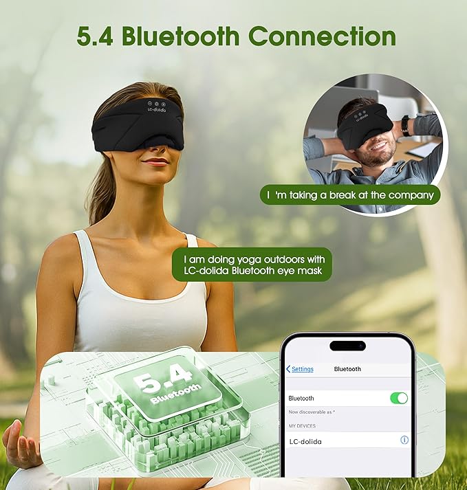 LC-dolida Sleep Mask with Headphones Bluetooth 5.4, Wireless Music Eye Mask for Sleeping Headphones with Soft Bamboo Cotton Cooling Breathable,Ultra-Thin Stereo Speaker for Side Sleepers-Black