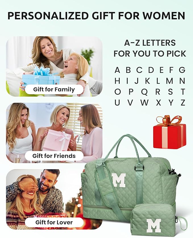 Gifts for Teacher -Initial Travel Bag with Shoe Compartment, Girls Weekender Bag, Monogram Overnight Bag for Women, Letter Travel Bag with Makeup Bag, Daughter Gift from Mom (Letter N)