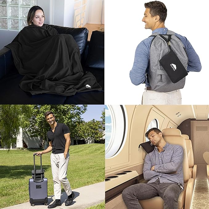 BlueHills Travel Blanket Pillow Compact Lightweight Pocket Size Airplane Traveling Essential Flight Trip Throw in Bag Portable Case Plane Accessory Black L05