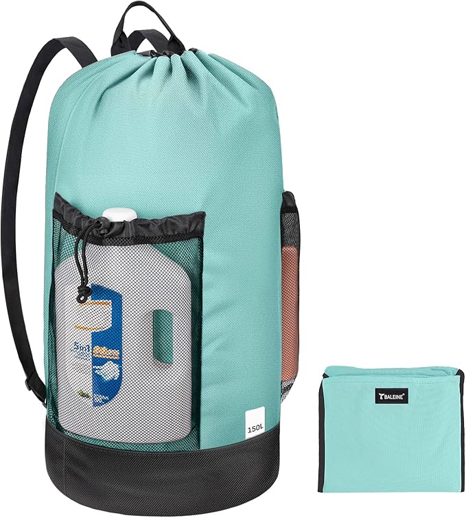 BALEINE 150L Laundry Bag Backpack, 900D Oxford Fabric Large Travel Laundry Bags with Shoulder Straps and 2 Mesh Pockets for College Dorm, Apartment, Laundromat (Sky Blue, 150L)