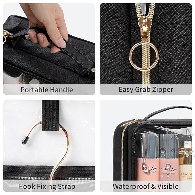 Toiletry Bag for Men, Clear Hanging Toiletries Bag for Travelling, Transparent Makeup Bag Organizer Portable Skincare Cosmetic Pouch for Women, 3 Compartment
