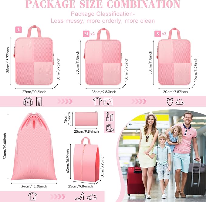 8 Set Compression Packing Cubes Travel, Lightweight Expandable Travel Cubes Suitcase Organizer for Carry On Luggage Suitcase, Pink