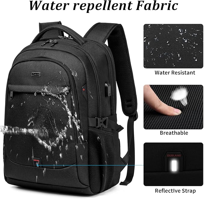 DUSLANG 17 Inch Laptop Backpack for Travel with Backpack Rain Cover College Backpack for Men Laptop Bag with USB Charging Port,Black
