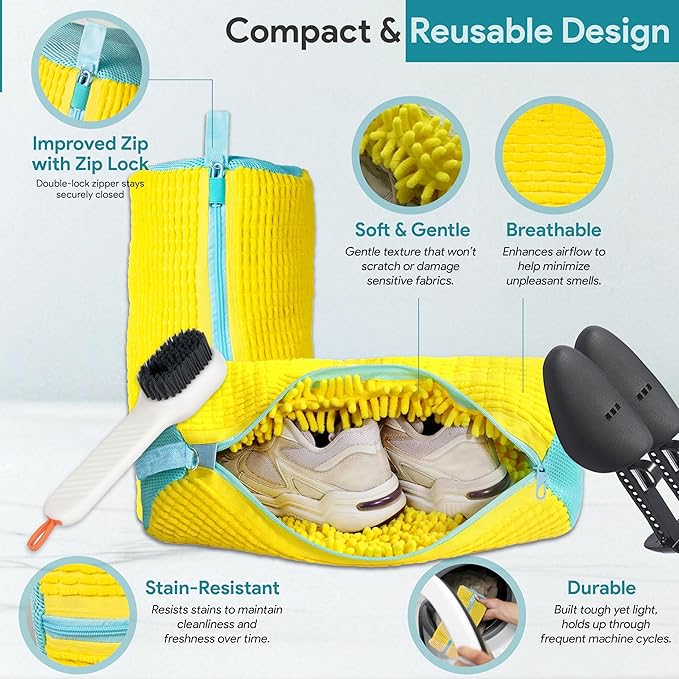 Shoe Washing Machine Bag - 2Pcs Shoe Washing bag,360° Deep cleaning Durable sneaker washing machine bag, Fits All Shoe Types & Sizes,Yellow,14.8 x 7.4inches