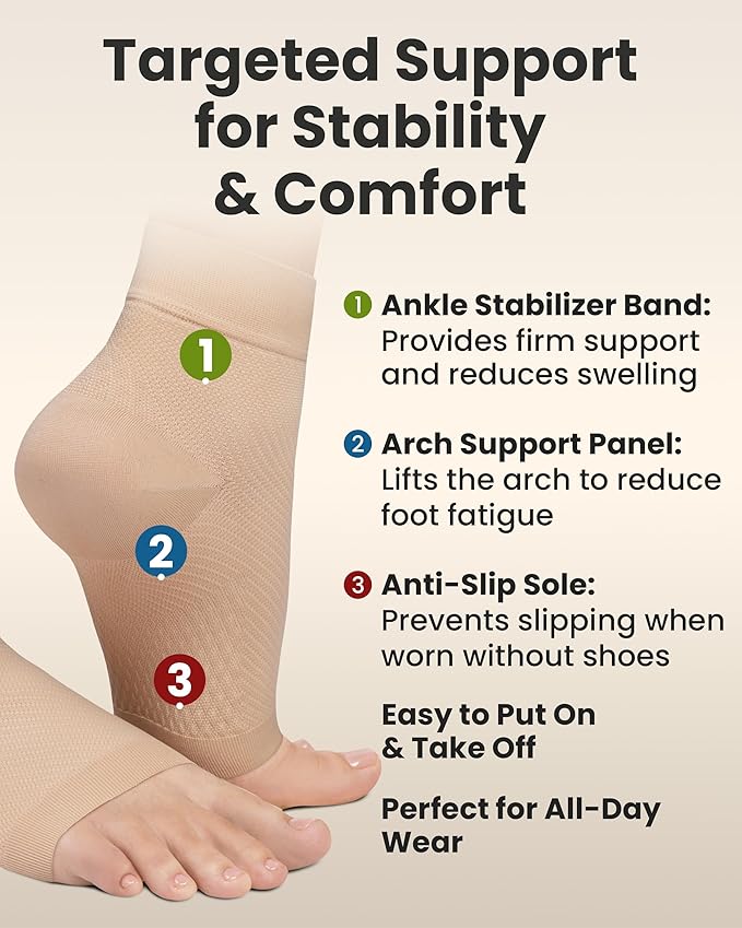 KEMFORD Ankle Compression Sleeve - Plantar Fasciitis Braces - Open Toe Compression Socks for Swelling, Sprain, Neuropathy, Foot Arch Support for Men and Women - 20-30mmhg, L, Beige