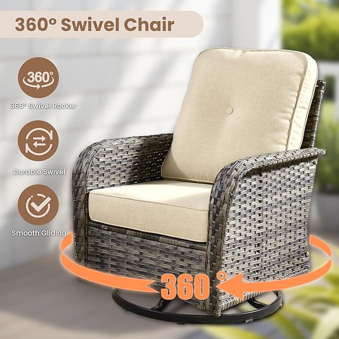 HOOOWOOO Patio Furniture Set,3 Pieces Outdoor Conversation Set,All Weather Wicker High Back Swivel Chairs Bistro Set with Side Table,Beige