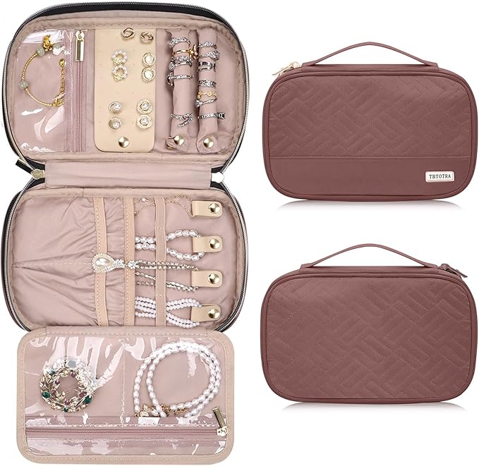 Jewelry Travel Case Organizer for Necklaces, Earrings, Rings, Bracelet, Watch, Soft Sided, Red Sandalwood