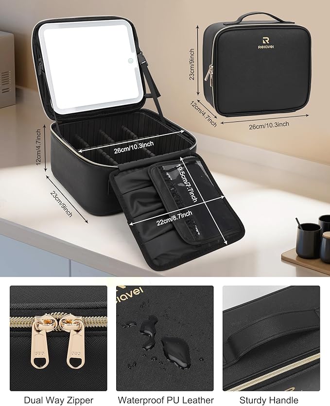 Relavel Makeup Bag with Light Up Mirror, Makeup Case Travel Cosmetic Bags Brush Organizer Storage Box, Rechargeable Vanity Mirror with 3 Color Lights, High Frame Mirror Protection (Black)