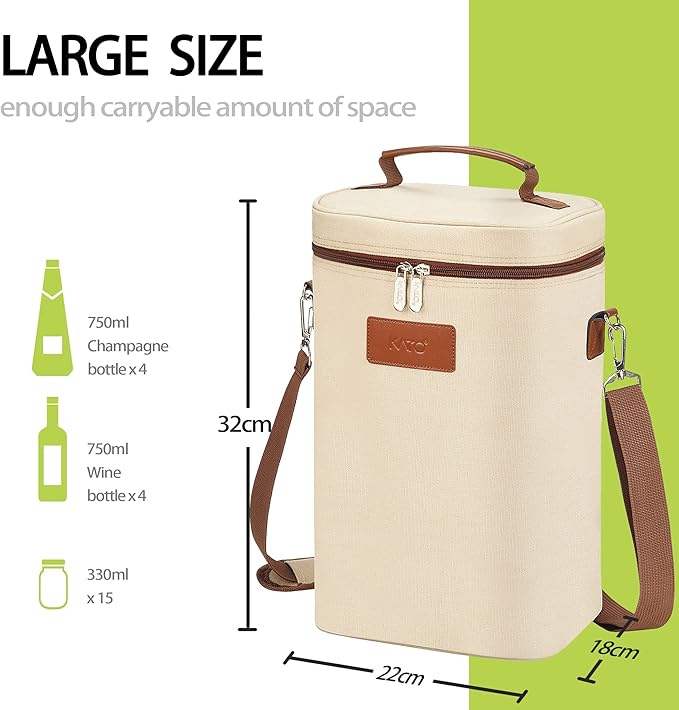 Tirrinia 4 Bottle Wine Gift Carrier - Leakproof & Insulated Padded Portable Versatile Wine Carrying Cooler Tote Bag for Travel, BYOB Restaurants, Wine Tasting, Parties,Gift for Wine Lovers, Beige