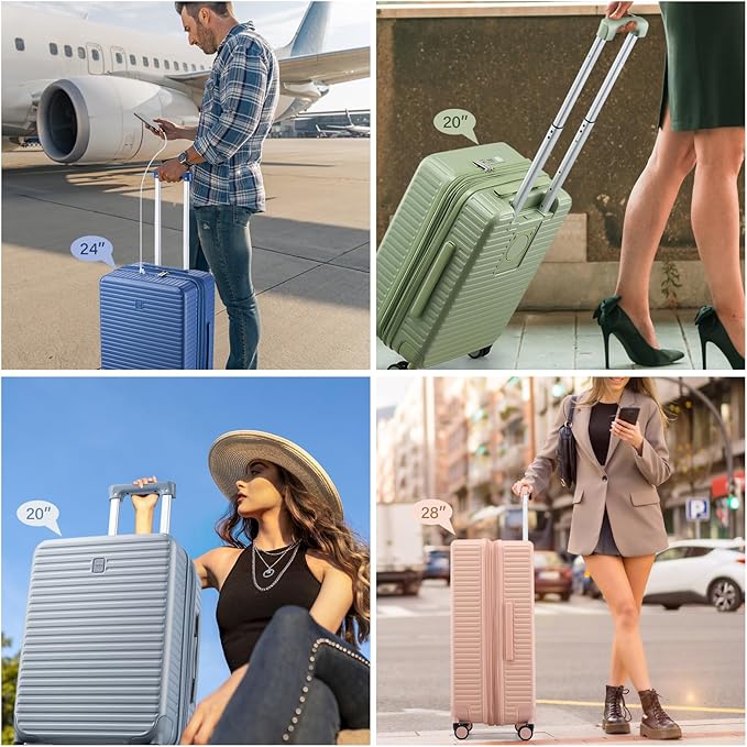 Hard Shell Suitcases Travel Expandable Luggage, 24 Inch Check in Luggage with Spinner Wheels Cup Holder Charger Built in, Checked Medium Suitcase Lightweight Suitcases, Caribbean Blue
