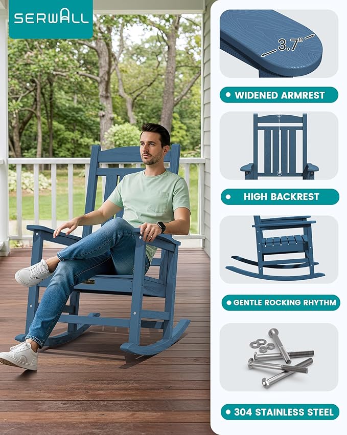 SERWALL Outdoor Rocking Chair Set of 2, HDPE Patio Rocking Chair All-Weather Porch Rocker for Balcony, Yard, Blue