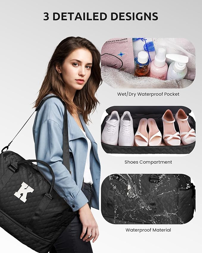 Trendy Gifts for Women-Initial Duffle Bag with Shoe Compartment, Personalized Weekender Bags, Monogram Overnight Bag for Women, Letter Travel Bags with Makeup Pouch (Letter A)