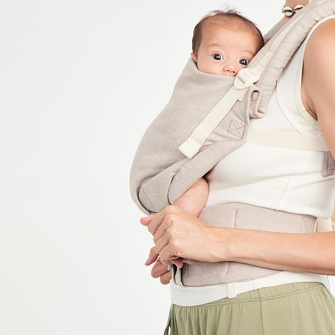 Baby Tula Linen Panel Free-to-Grow Baby Carrier - Adjustable, Comfortable, Newborn to Toddler Carrier - Ergonomic Fit for 7lbs to 45lbs - Plant-Based Fabric - Back & Front Carry Options - Sand (Tan)