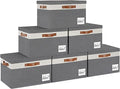GhvyenntteS 6 Pack Fabric Storage Bins with Lid, Large Closet Storage Bins with Lid and 3 PU Handles, Foldable Fabric Storage Boxes with Label Window for Home Bedroom Office (Grey, Large)