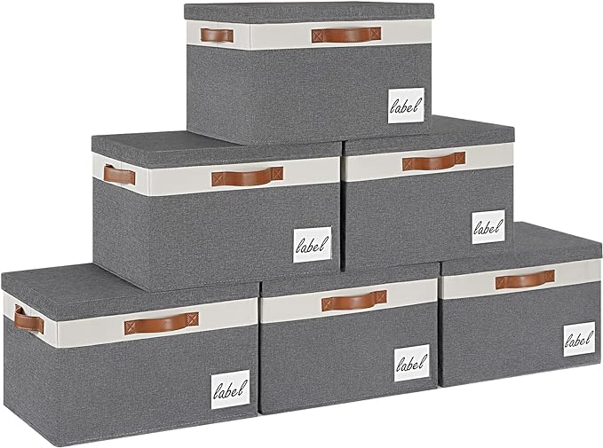 GhvyenntteS 6 Pack Fabric Storage Bins with Lid, Large Closet Storage Bins with Lid and 3 PU Handles, Foldable Fabric Storage Boxes with Label Window for Home Bedroom Office (Grey, Large)