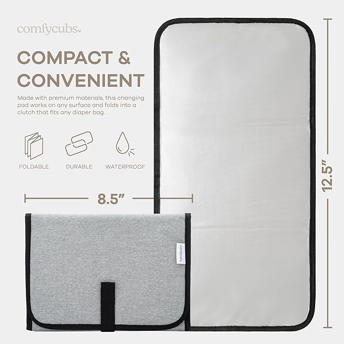 Comfy Cubs Baby Changing Pad Compact Size - Waterproof Diaper Changing Mat with Cushioned Pillow - Soft & Lightweight, Foldable Design for Travel - Stylish Design for Boys and Girls - Solid Grey