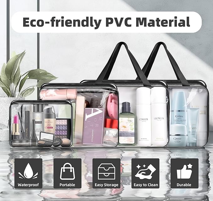 ABSOFINE Clear Toiletry Bag for Travel Size Toiletries, 4 Pack Large Waterproof PVC Makeup Bags with 2 Pack Airport Security Liquids Bags, Travel Essentials toiletry Bottles for Women Girls Men