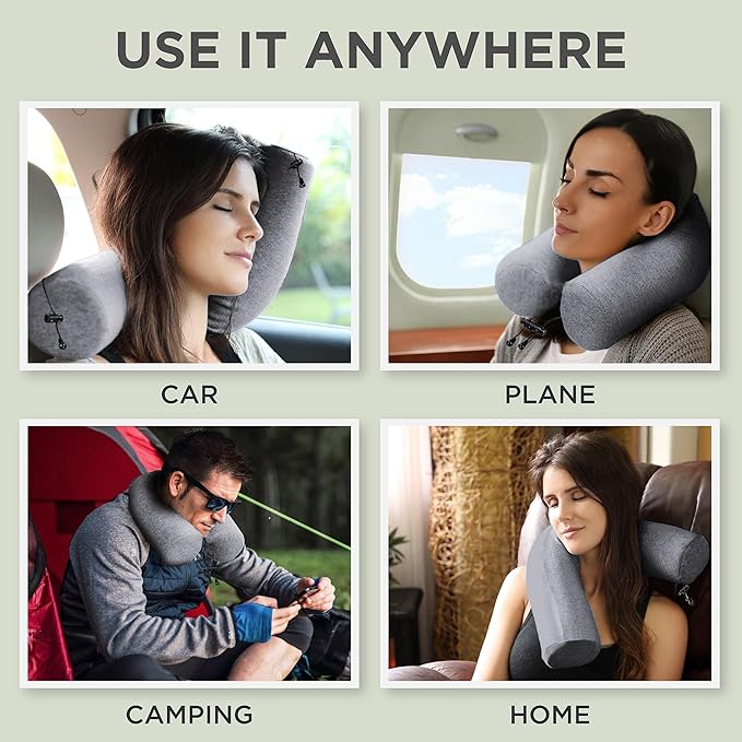 Dot&Dot Twist Memory Foam Travel Pillow for Airplanes - Travel Neck Pillow for Sleeping - Airplane Pillow for Neck Support, Chin, Lumbar and Leg - Adjustable, Bendable Neck Roll Pillow (Gray Black AC)