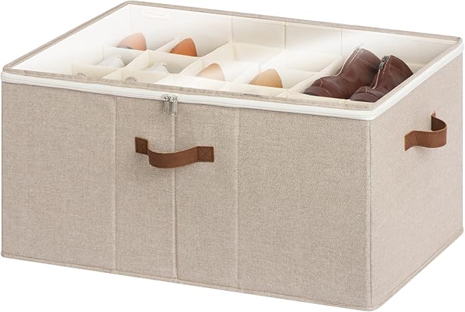 StorageWorks Shoe Organizer for Closet, Fits up to 24 Pairs, Shoe Cubby Storage Containers with Adjustable Dividers and Clear Cover, Mixing of Brown & Beige