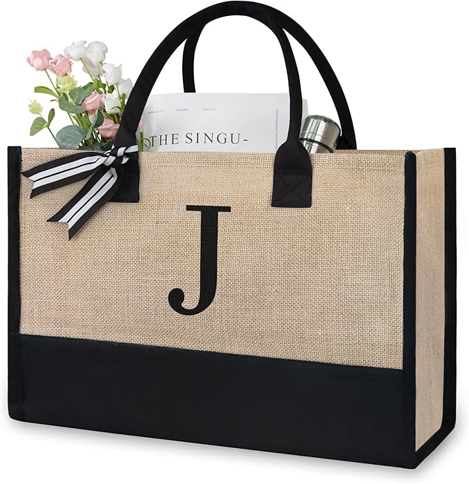 TOPDesign Initial Jute/Canvas Tote Bag, Personalized Present Bag, Suitable for Wedding, Birthday, Beach, Holiday, is a Great Gift for Women, Mom, Teachers, Friends, Bridesmaids (Letter J)