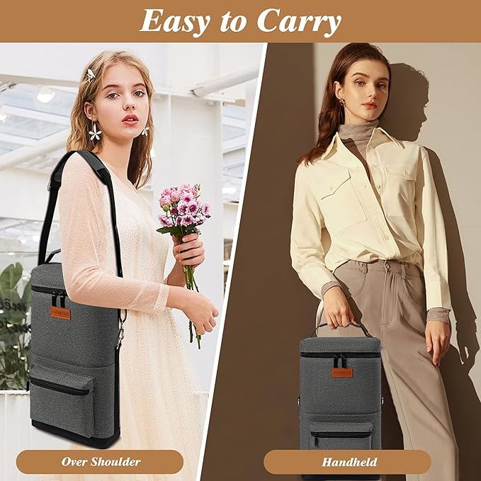 2 Bottle Wine Bag Carrier Tote, Portable Wine Cooler Bag with Padded Shoulder Strap, Versatile Liquor Case for Picnic Travel Birthday Party Coolest Gift for Women Men Wine Lovers Grey