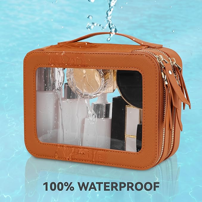 Prite Large Clear Makeup Bag Double Layer Makeup Bag for Women Travel Toiletry Bag Cosmetic Train Case with a Separate Brush Compartment for Car Essentials(Brown)